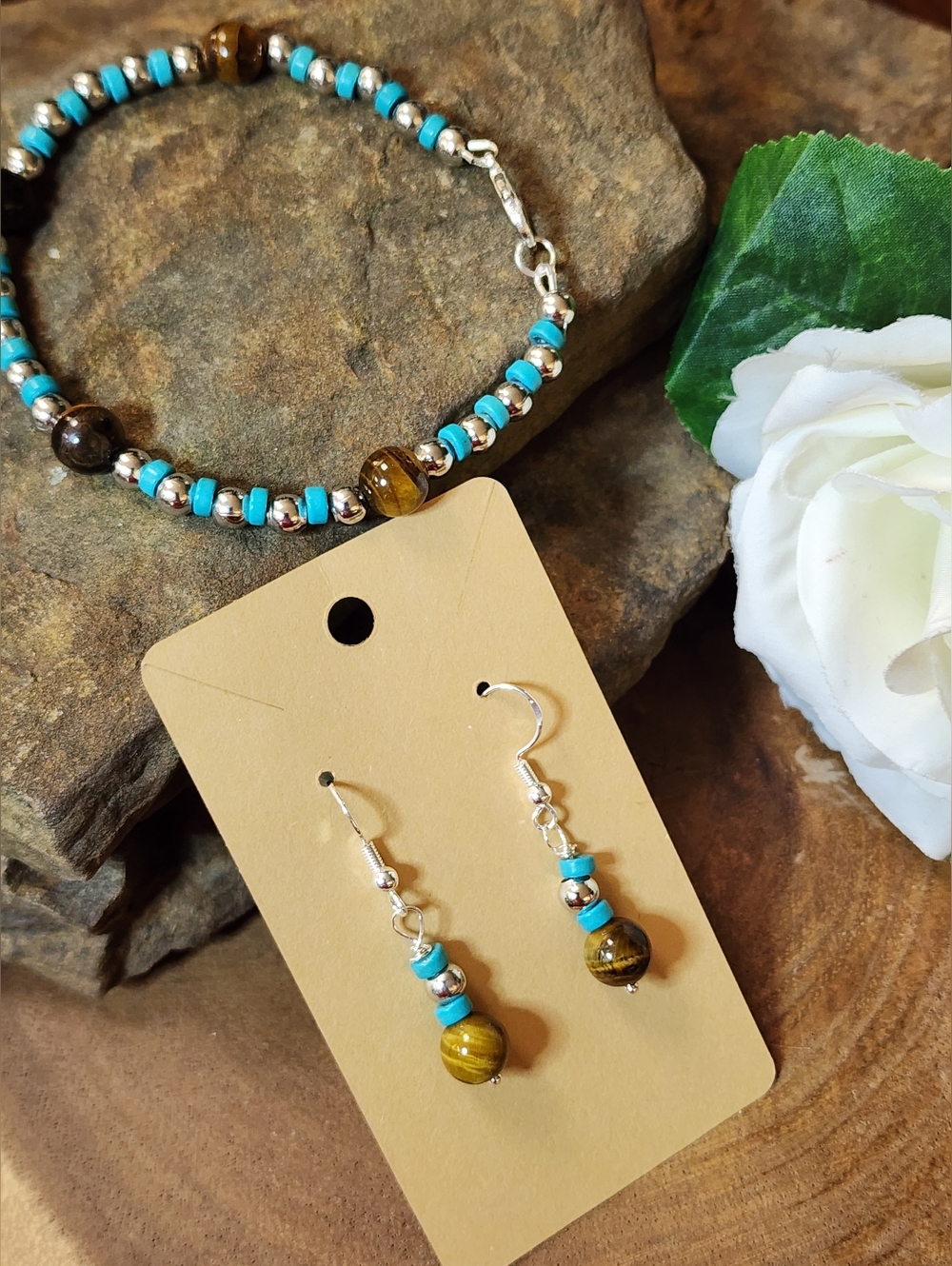 Turquoise & Tiger Eye Beaded Bracelet & Earrings Set with Silver Toned Accents